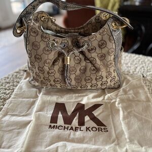 Michael Kors Tan and Brown Logo Shoulder Bag w/snakeskin detail & dust bag